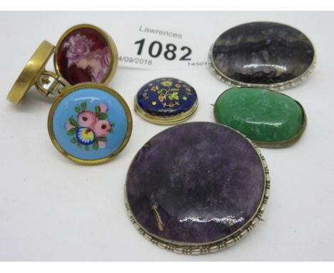 Circular Blue John inset brooch together with porcelain and gilt metal bachelor button, two enamel decorated buttons (at faul