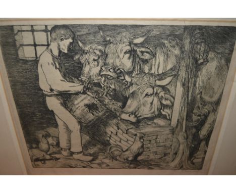 Large late 19th Century engraving, figure feeding cattle in a barn, signed F. Boehls, dated 1896, 17ins x 21ins, together wit