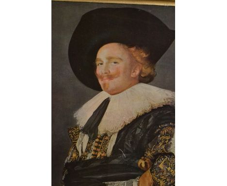 Oleograph after Rembrandt, two framed portrait prints of Wellington and Nelson, and another framed coloured print, Dutch quay