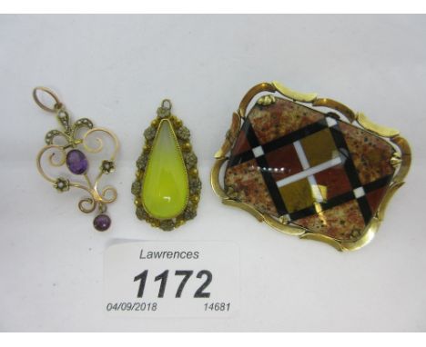 9ct Gold amethyst and seed pearl set pendant, yellow metal mounted rectangular agate brooch and a tear drop pendant CONDITION