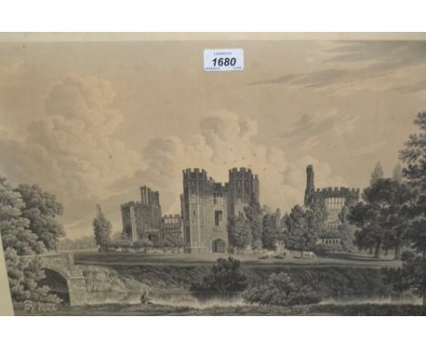 19th Century oak framed black and white engraving, ' Cowdray Ruins ' by Clark after Gilbert, together with a pair of framed c