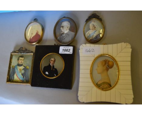 Group of three framed printed portrait miniatures of Wellington, Napoleon and Queen Victoria, together with three other vario