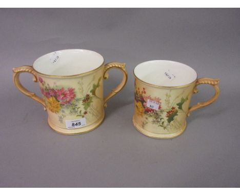 Royal Worcester blush ivory two handled loving cup decorated with flowers, 5ins high, together with a similar mug, 4.5ins hig