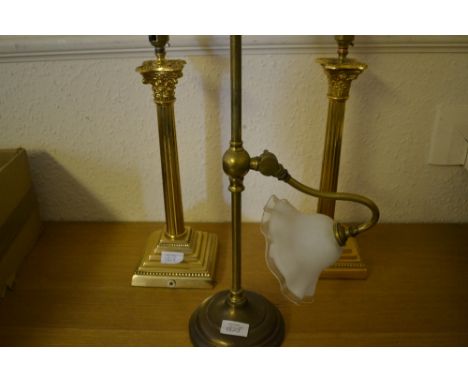 Pair of gilt brass Corinthian column table lamps, together with a brass adjustable column table lamp and an oval copper kettl