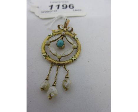 Edwardian 9ct gold pendant set turquoise and pearls with enamel decoration CONDITION REPORT Good condition. 50mm x 22mm inclu