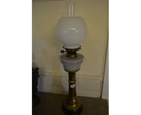 Arts and Crafts brass and glass oil lamp with opaque white glass shade CONDITION REPORT Overall appears to be in good conditi