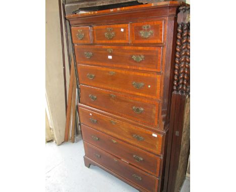 George III mahogany satinwood crossbanded and line inlaid tallboy with a moulded cornice above three short and six long gradu