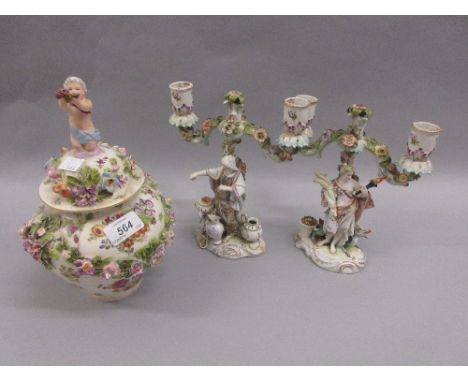 Pair of 19th Century Continental porcelain candelabra, the columns in the form of standing female figures, together with a Co