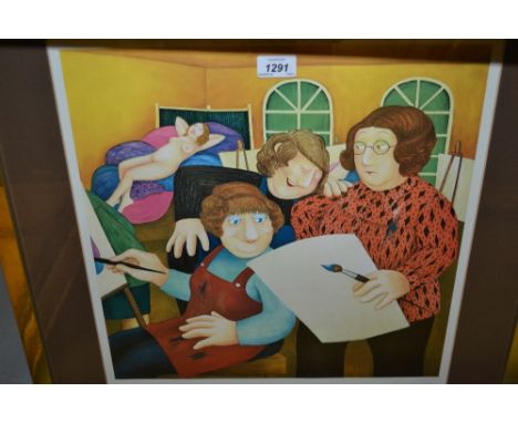 Beryl Cook, signed coloured print, ' The Art Class ', bearing blind stamp in a modern chrome frame