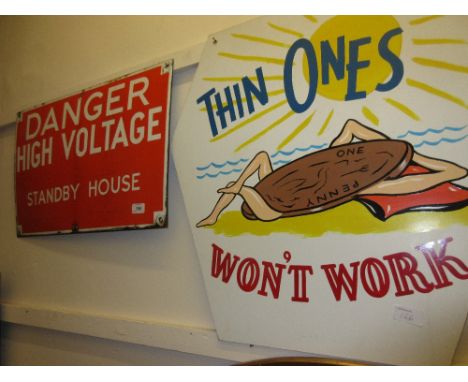 Enamel sign, ' Danger High Voltage ', together with another sign on board