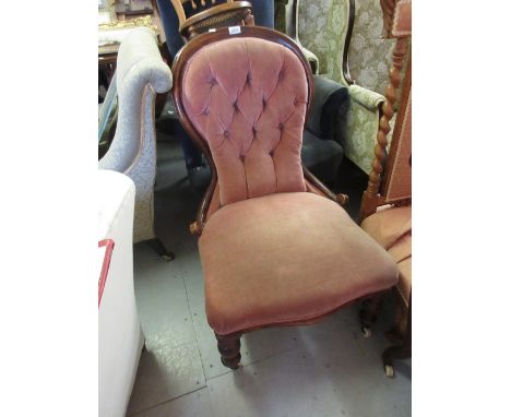 Victorian pink button upholstered low seat nursing chair on turned front supports