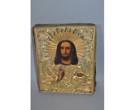 Small gilt metal mounted icon painted with a portrait of Christ