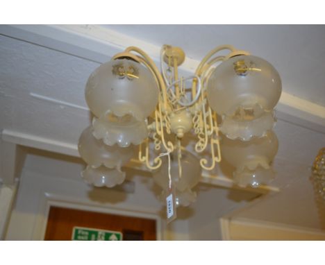 Cream painted metal five branch chandelier with glass shades, together with two brass and glass bag light fittings etc.