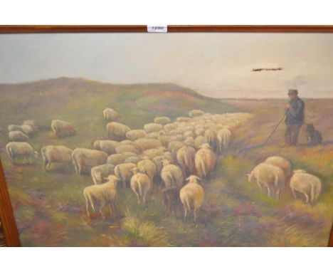 O' Connel, 20th Century oil on canvas, shepherd with sheep on a moorland, gilt framed, 24ins x 29ins, together with a framed 