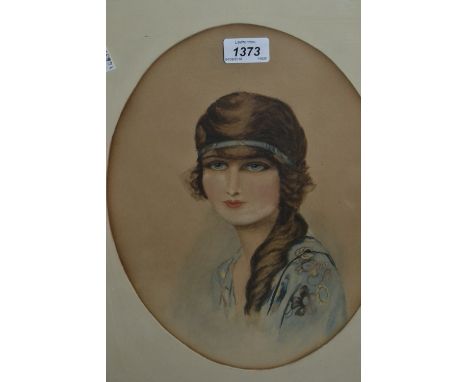 Oval mounted watercolour, portrait of a girl in 1920's dress, 14ins x 10ins, oak framed, together with a watercolour of a mot