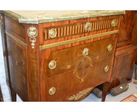 Small late 19th / early 20th Century Continental walnut, ormolu mounted marble top commode of three drawers, raised on square