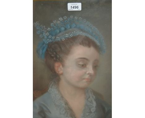 18th / 19th Century pastel, portrait of a young lady in a blue lace bonnet, 19ins x 15ins