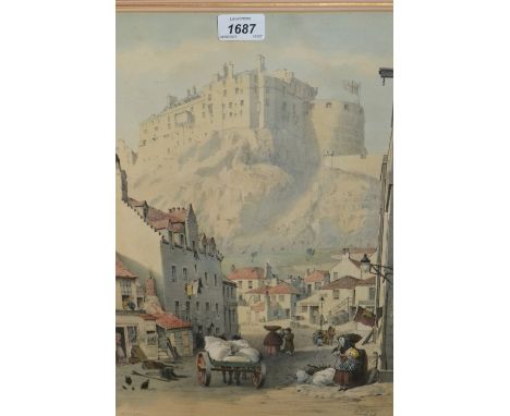 19th Century coloured lithograph, view of Edinburgh Castle from the market after Swarbreck, together with another of the Roya