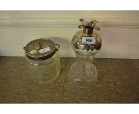 Birmingham silver mounted blown glass decanter (minus stopper), together with an etched glass biscuit barrel with plated cove
