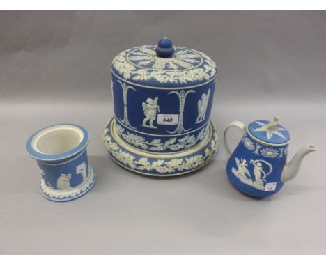 Late 19th or early 20th Century blue and white Jasperware stilton cover and stand, together with a similar teapot and tobacco
