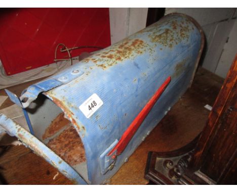 Blue painted tin U.S. mail box with red pop up post marker