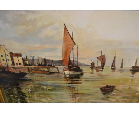 20th Century oil on canvas, harbour scene with fishing boats returning with the catch, signed Melanie Cross, dated '78, Limit