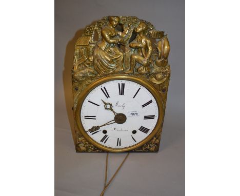 19th Century French brass mounted wall clock embossed with figures kneeling having circular enamel dial inscribed Marty Gautr