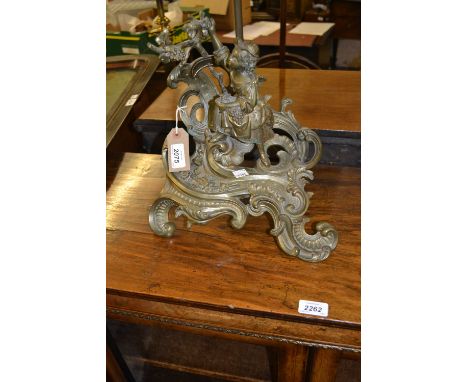 19th Century cast brass lamp base of rococo design mounted with a figure of a girl carrying grapes, traces of original gildin