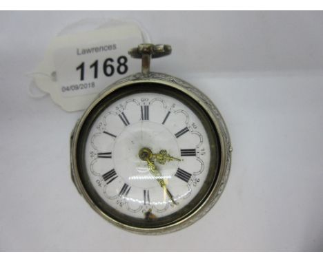 18th Century Dutch repousse silver pair cased pocket watch, the enamel dial with Roman and Arabic numerals, the verge movemen