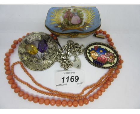 Scottish silver citrine and amethyst set brooch, silver bracelet, two coral bead necklaces, an oval enamel brooch and a Limog