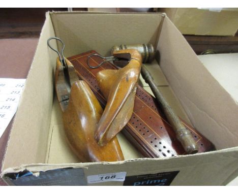Pair of antique shoe trees, a cribbage board with pegs and a large wooden gavel