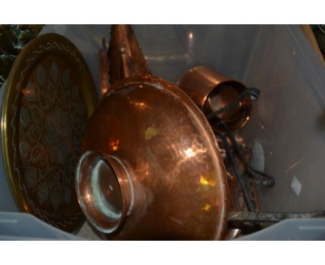 Miscellaneous copper dishes, Mexican copper liqueur set, an Arts and Crafts copper lantern, chocolate pot, Indian jug, gradua