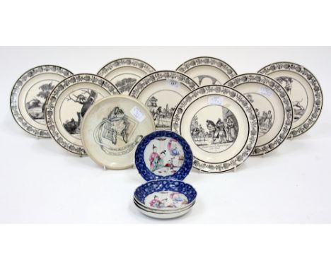 A SET OF FOUR EARLY 19TH CENTURY FRENCH POTTER PLATES with black transfer printed decoration depicting Aesop's Fables by Pail