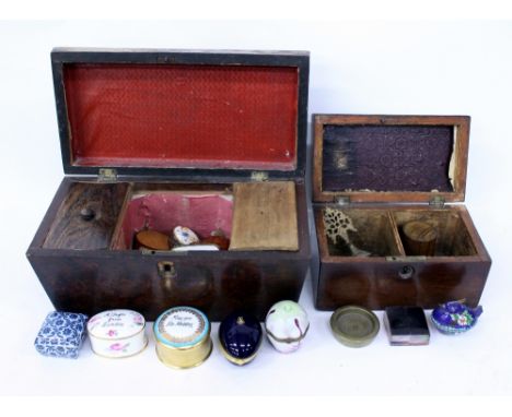 A 19TH CENTURY MAHOGANY TEA CADDY of sarcophagus form, 28cm wide; a further tea caddy and miscellaneous bijouterie to include