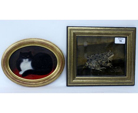 A GOLD WORK EMBROIDERED PICTURE OF A FROG framed and glazed, 13.5cm x 17cm; Martin Leman, 'Big Ben', portrait of a cat, oil o