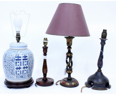 A KASHMIRI LACQUERED LAMP 33cm in height, an early 20th Century lacquered lamp base, a Chinese blue and white porcelain ginge