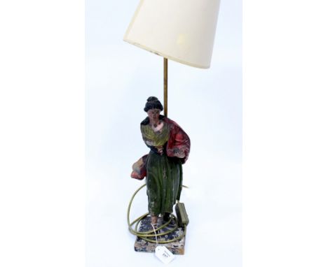 A 19TH CENTURY POLYCHROME PAINTED TERRACOTTA  FIGURE of a female in a green dress converted to a lamp base 39cm in height (AF