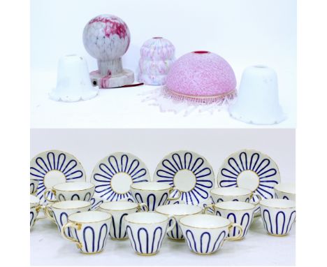 A GROUP OF GLASS LIGHT SHADES  to include a pink glass shade with glass drops, 20cm diameter and a part 19th Century tea serv