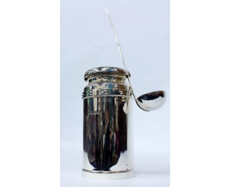 A MARTYN PUGH SILVER CREAM CHURN AND LADLE with a silver gilt lining, the churn 13cm in height, signed 'Martyn Pugh' to the b