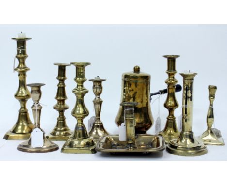 AN 18TH CENTURY BRASS CANDLESTICK 16cm in height, a pair of antique gun metal candlesticks 17cm in height, five further brass