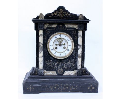 A LARGE CONTINENTAL SLATE MANTLE CLOCK with architectural case, visible escapement to the two part dial and striking the hour