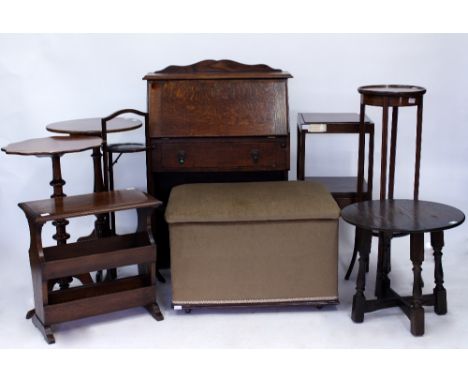 MISCELLANEOUS OCCASIONAL FURNITURE  to include an early 20th Century oak bureau, an Edwardian jardiniere stand, a three tier 