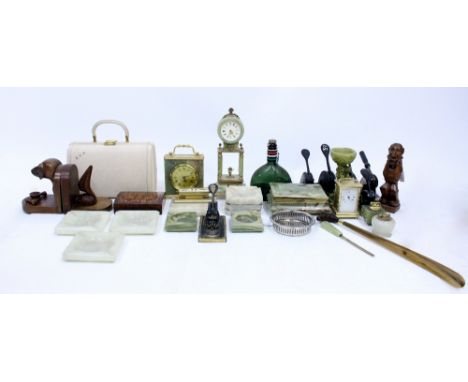 MISCELLANEOUS ITEMS  to include an onyx cased mantle clock, an onyx and gilt metal desk top calendar, a Mappin & Webb carriag