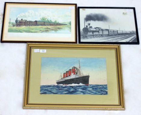 W.J. LEWIS  RMS Lusitania, watercolour, signed and dated November 1926, 24cm x 40cm; a print of Midland Railway Morning Scotc
