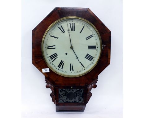 A LATE 19TH / EARLY 20TH CENTURY ROSEWOOD OCTAGONAL WALL CLOCK the painted dial with Roman numerals 31cm diameter, overall 60