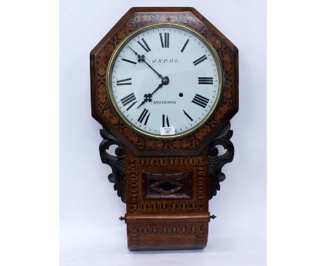 A LATE 19TH CENTURY AMERICAN WALL CLOCK with parquetry satinwood and ebony inlay, the painted dial signed J. N. Paul, Abingdo