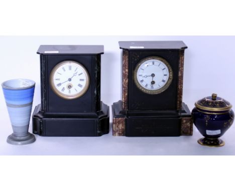 TWO LATE 19TH / EARLY 20TH CENTURY BLACK SLATE MANTLE CLOCKS with white enamel dials, an Art Deco Shelley vase and a Wedgwood