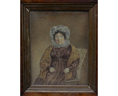 A 19TH CENTURY WATERCOLOUR PORTRAIT OF  LADY wearing a lace bonnet seated in an armchair, and set within a maplewood frame, 2