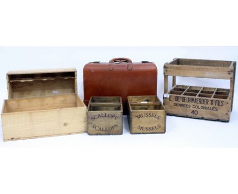 A VINTAGE BAXTER & SON SHELLFISH SPECIALIST, BILLINGSGATE MARKET CRATE 35cm wide and R. W. Larkins Wholesle Fish Merchant, St