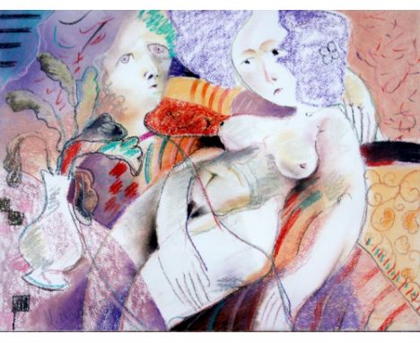 A 20TH CENTURY CONTINENTAL SCHOOL WATERCOLOUR and pastel abstract sketch of nude female figures, signed indistinctly lower ri